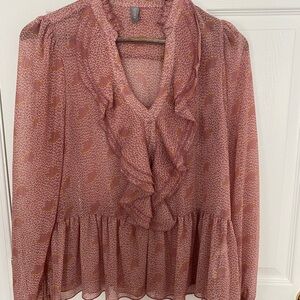 Women's Ruffled V-Neck Blouse in Dusty Rose with Mustard Motif